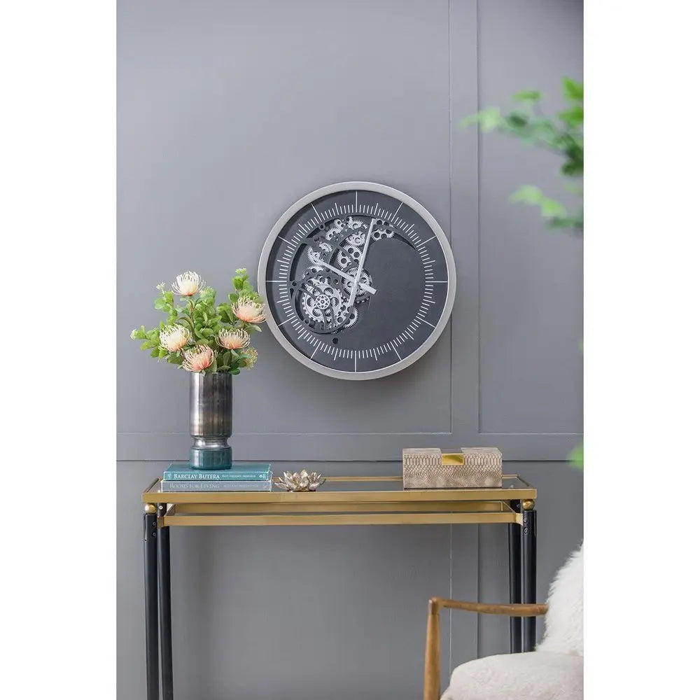 23" Circle Black and Silver Wood and Glass Analog Wall Clock - NOBLE HOME INTERIORS