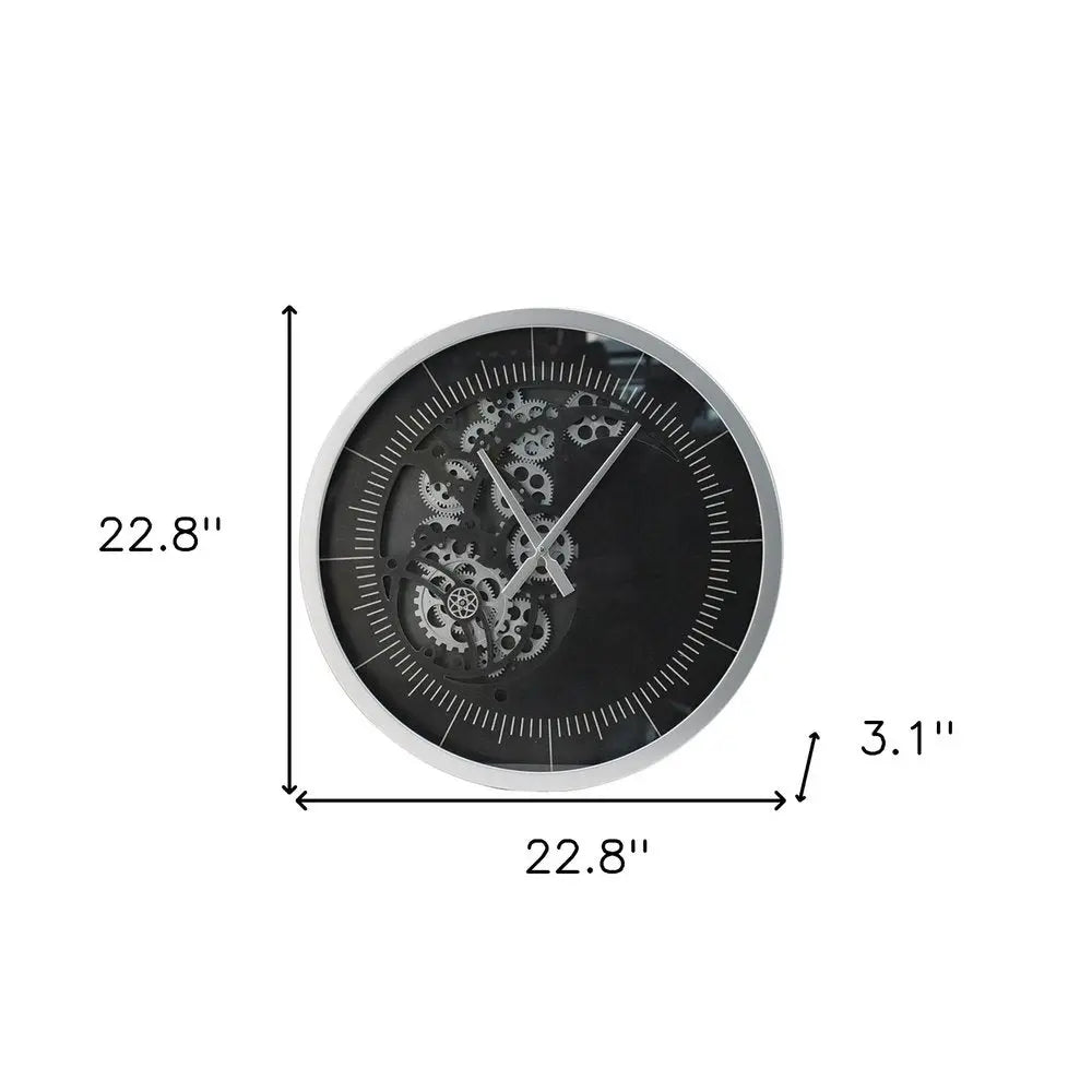 23" Circle Black and Silver Wood and Glass Analog Wall Clock - NOBLE HOME INTERIORS