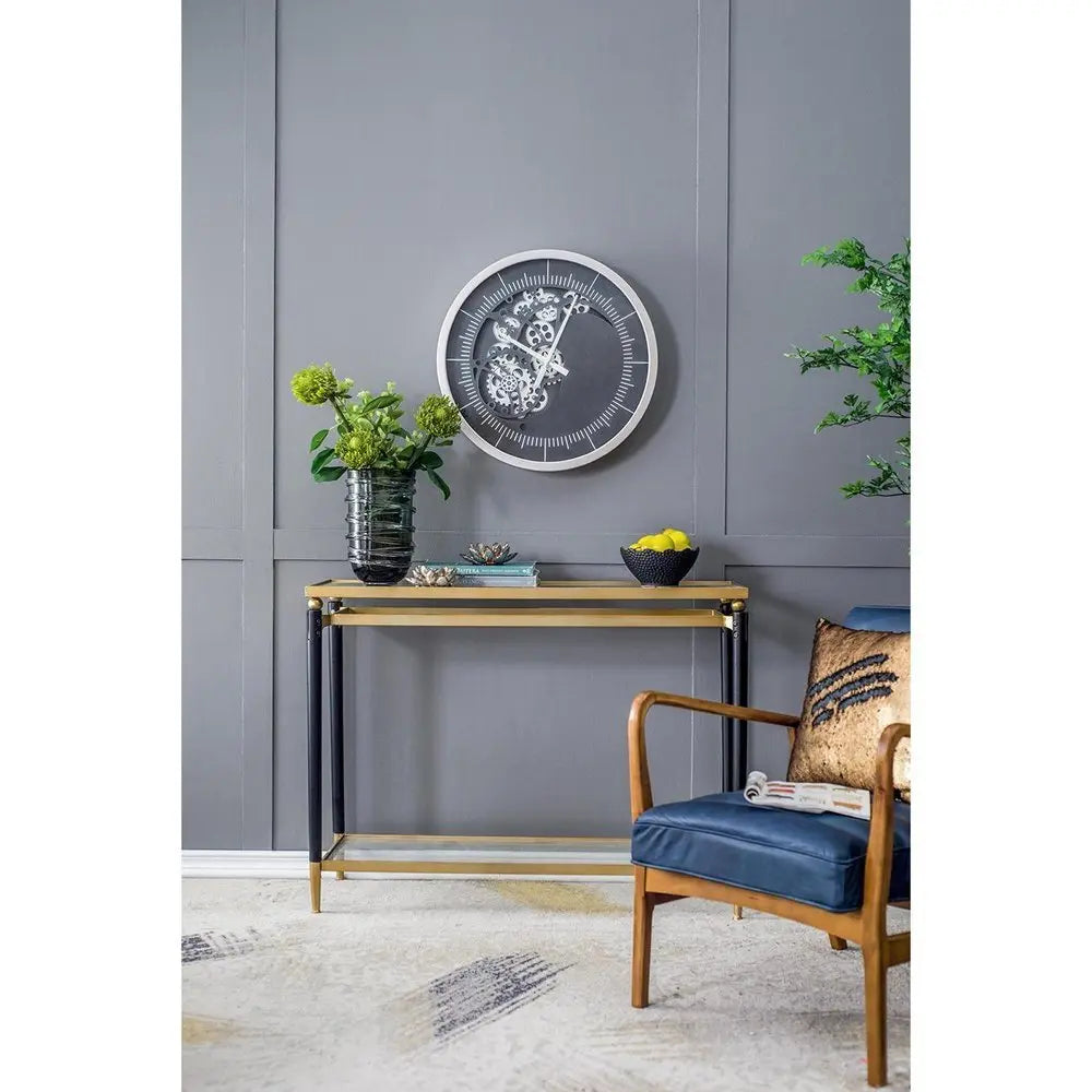 23" Circle Black and Silver Wood and Glass Analog Wall Clock - NOBLE HOME INTERIORS