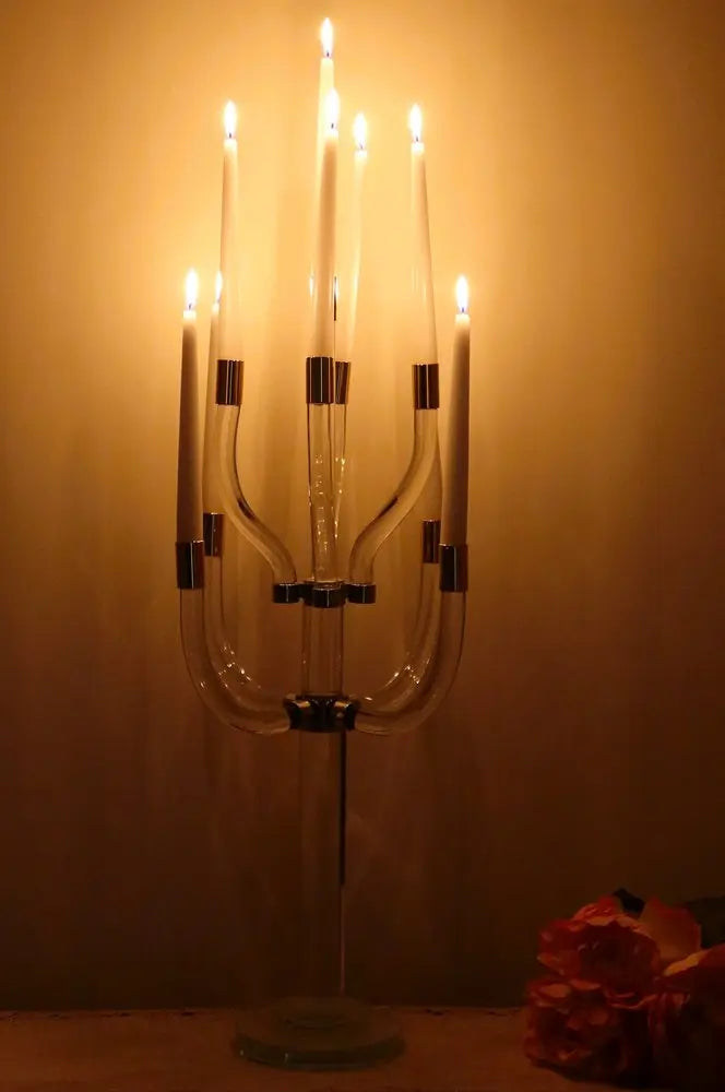 23" Clear And Silver Crystal Tabletop Candelabra Candle Holder - NOBLE HOME INTERIORS