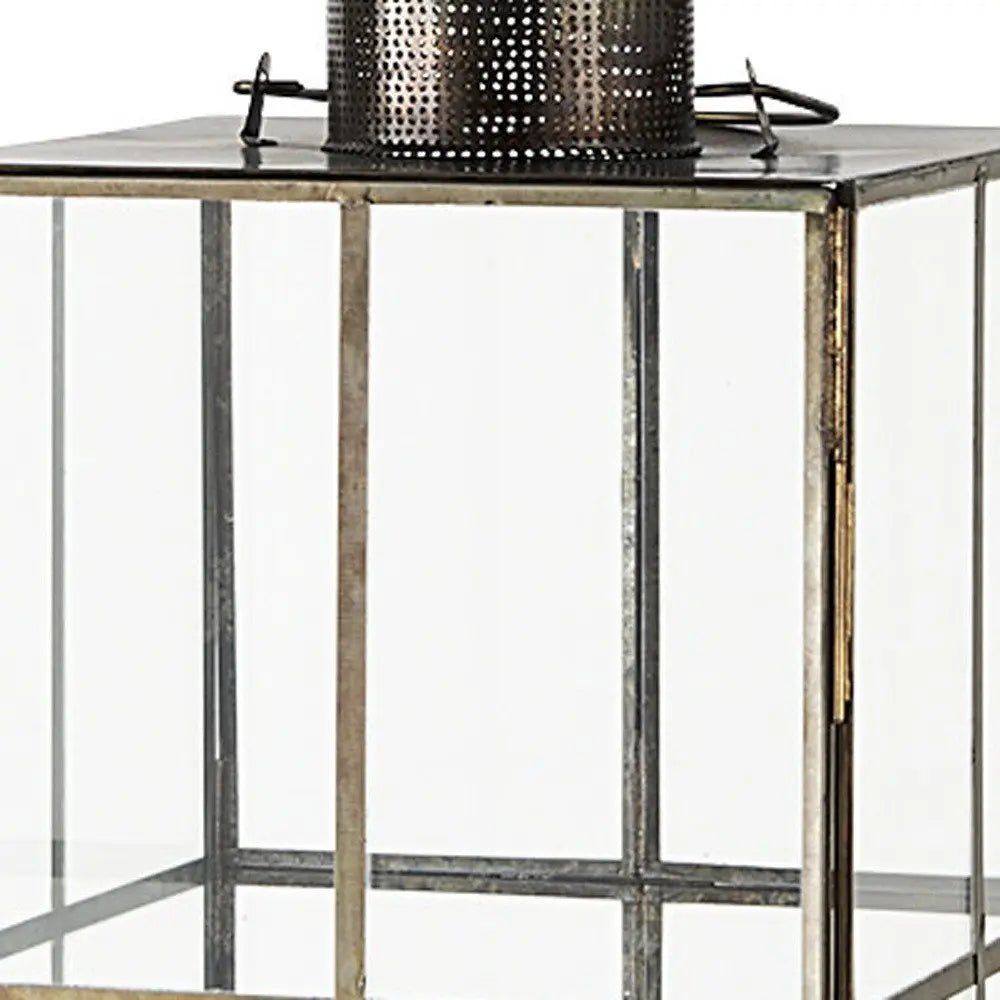 23" Gold Distressed Geometric Metal And Glass Tabletop Lantern Candle Holder HomeRoots