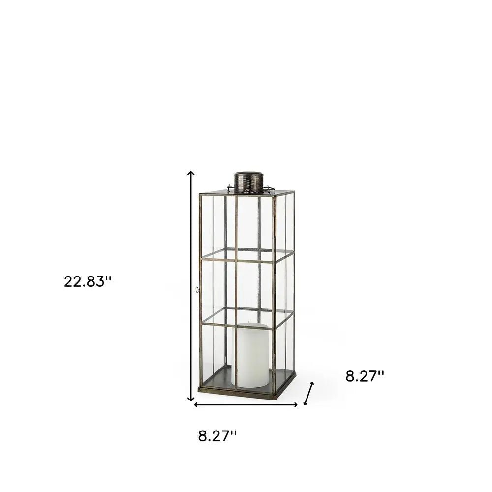 23" Gold Distressed Geometric Metal And Glass Tabletop Lantern Candle Holder HomeRoots