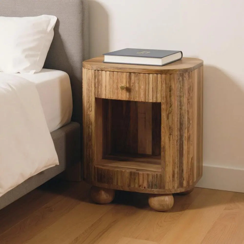 23" Natural Solid Wood Oval Ribbed Texture One Drawer Nightstand - NOBLE HOME INTERIORS