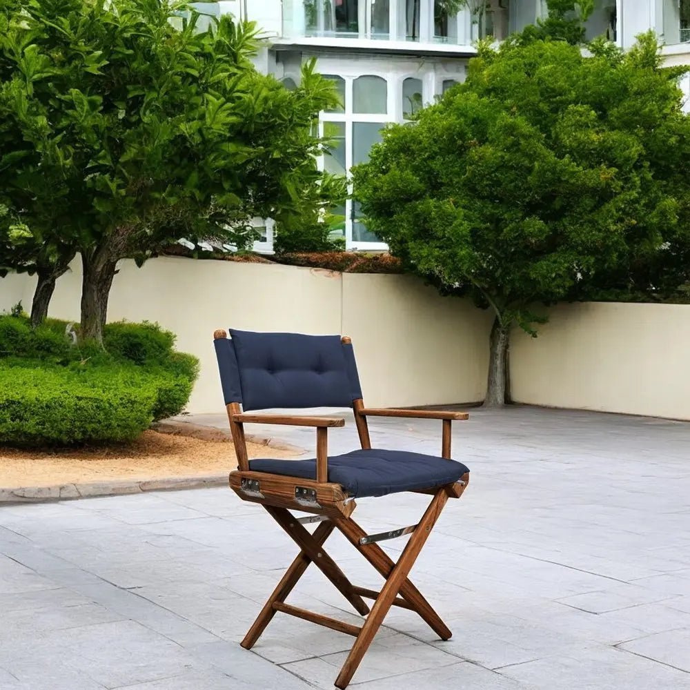 23" Navy Blue and Brown Solid Wood Indoor Outdoor Director Chair with Navy Blue Cushion - NOBLE HOME INTERIORS
