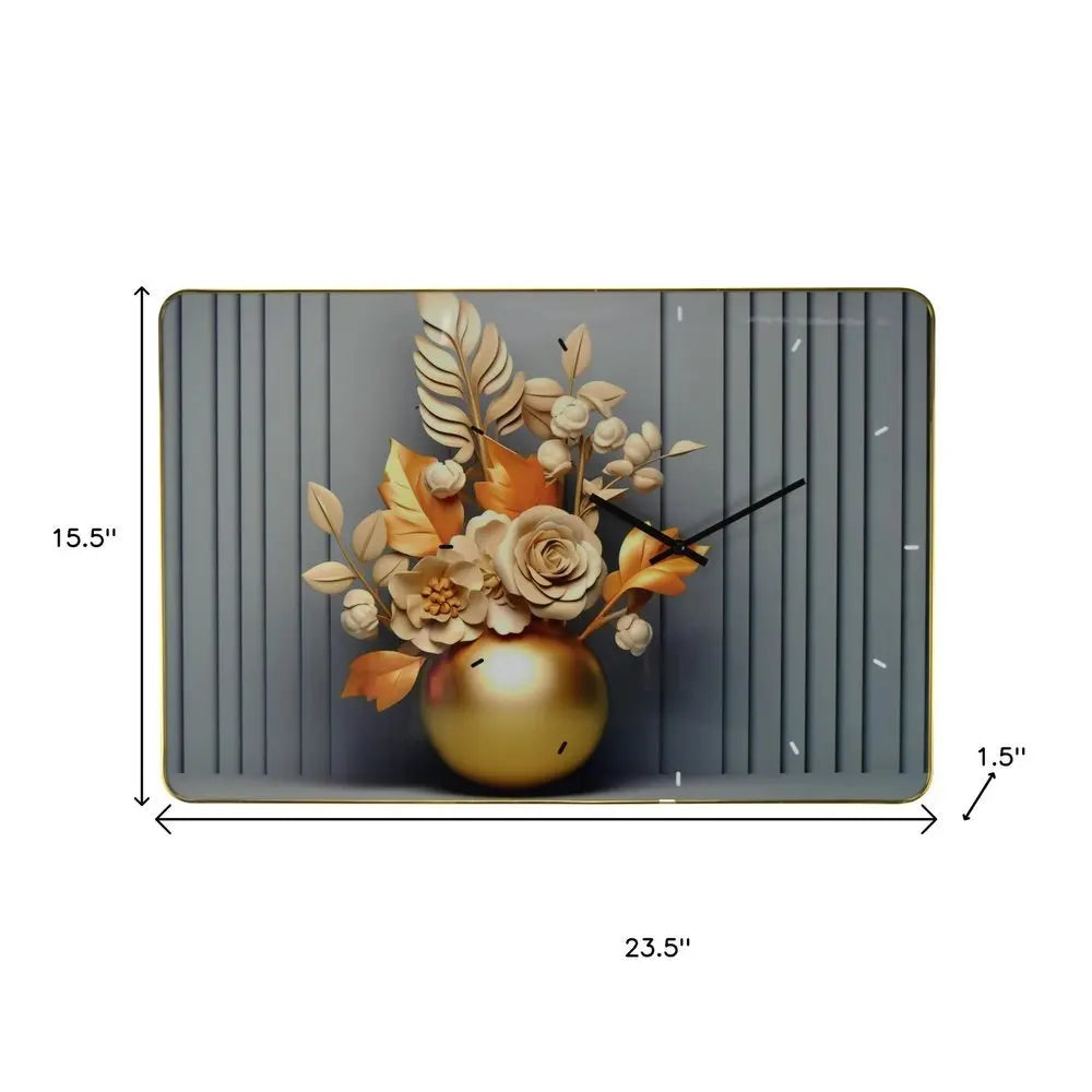 24" Beige Gold And Gray Solid Wood and Acrylic Silent Analog Floral Wall Clock - NOBLE HOME INTERIORS