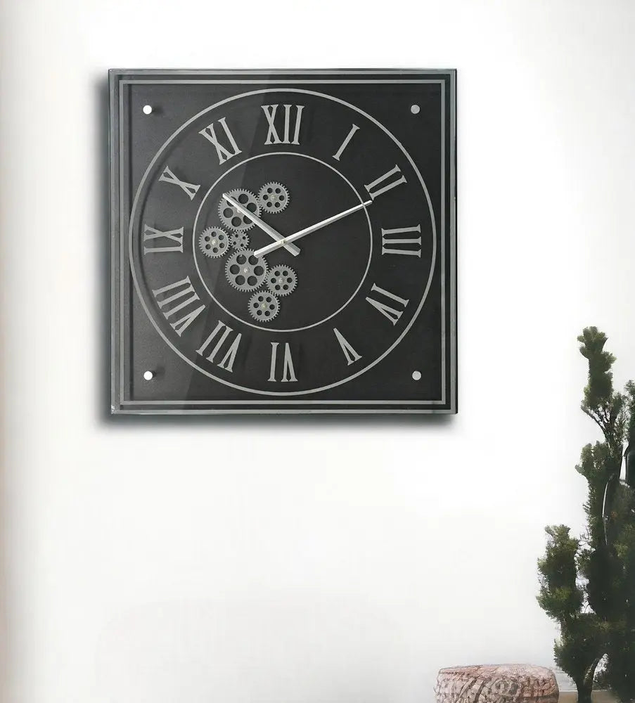 24" Black and Silver Vintage Style Gears Square Wall Clock - NOBLE HOME INTERIORS