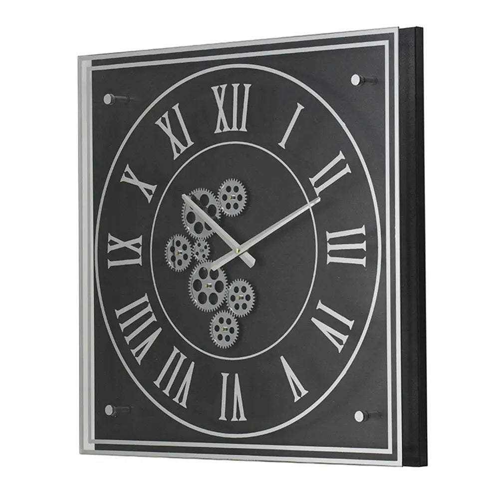 24" Black and Silver Vintage Style Gears Square Wall Clock - NOBLE HOME INTERIORS
