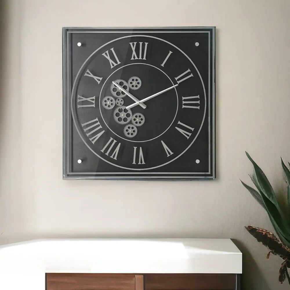 24" Black and Silver Vintage Style Gears Square Wall Clock - NOBLE HOME INTERIORS