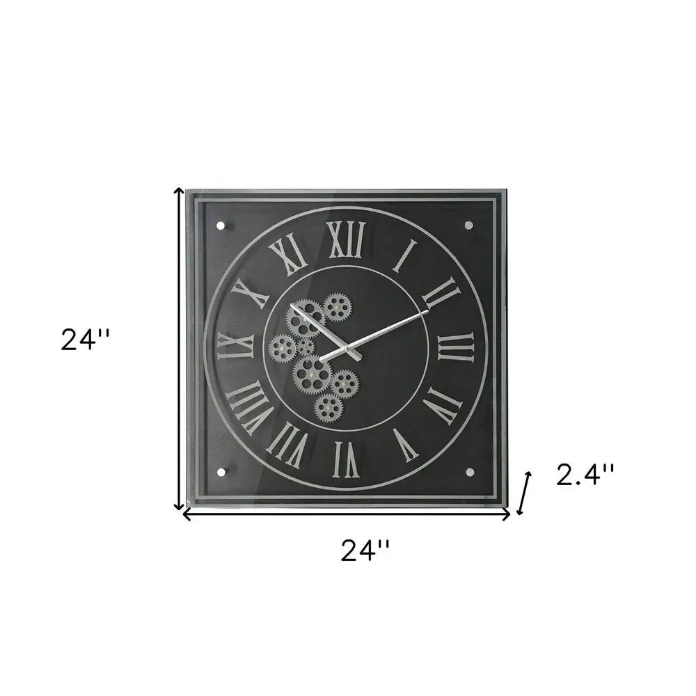 24" Black and Silver Vintage Style Gears Square Wall Clock - NOBLE HOME INTERIORS