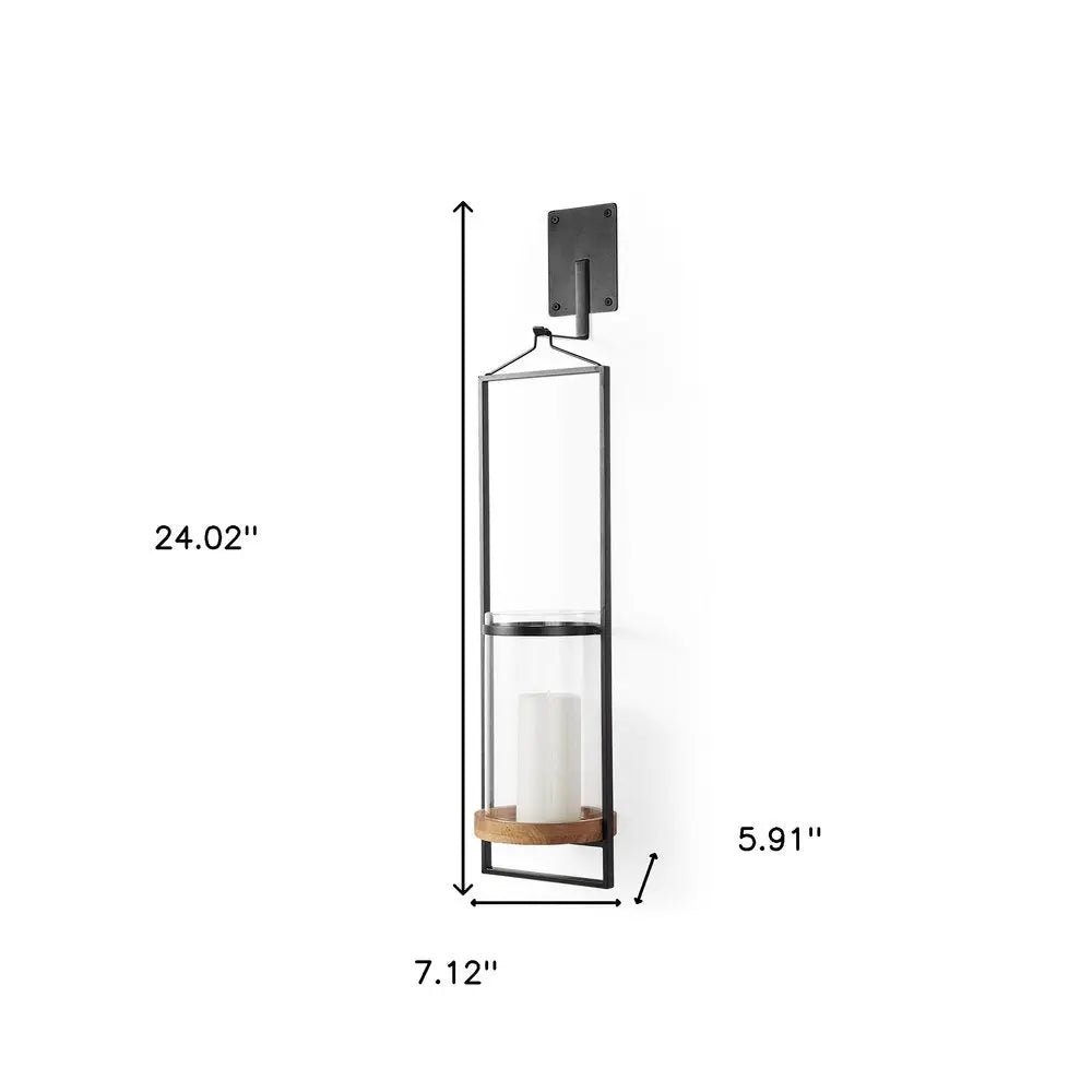 24" Black Distressed Geometric Metal Solid Wood And Glass Wall Sconce Candle Holder HomeRoots