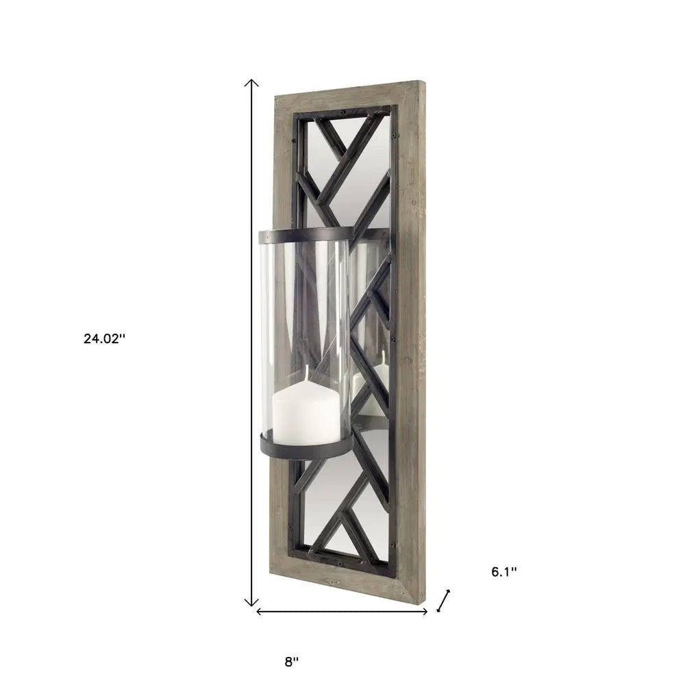 24" Black Distressed Mirrored Metal Glass And Solid Wood Wall Sconce Candle Holder HomeRoots