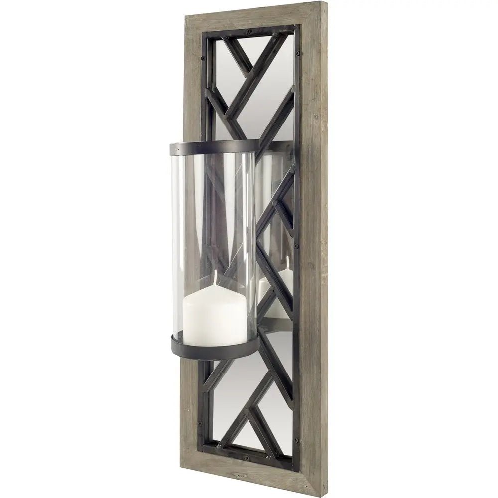 24" Black Distressed Mirrored Metal Glass And Solid Wood Wall Sconce Candle Holder HomeRoots
