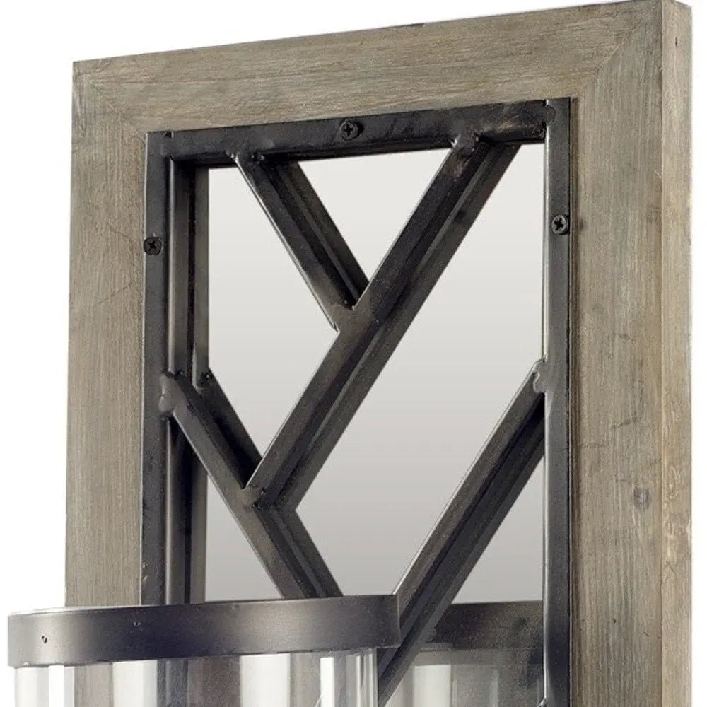 24" Black Distressed Mirrored Metal Glass And Solid Wood Wall Sconce Candle Holder HomeRoots