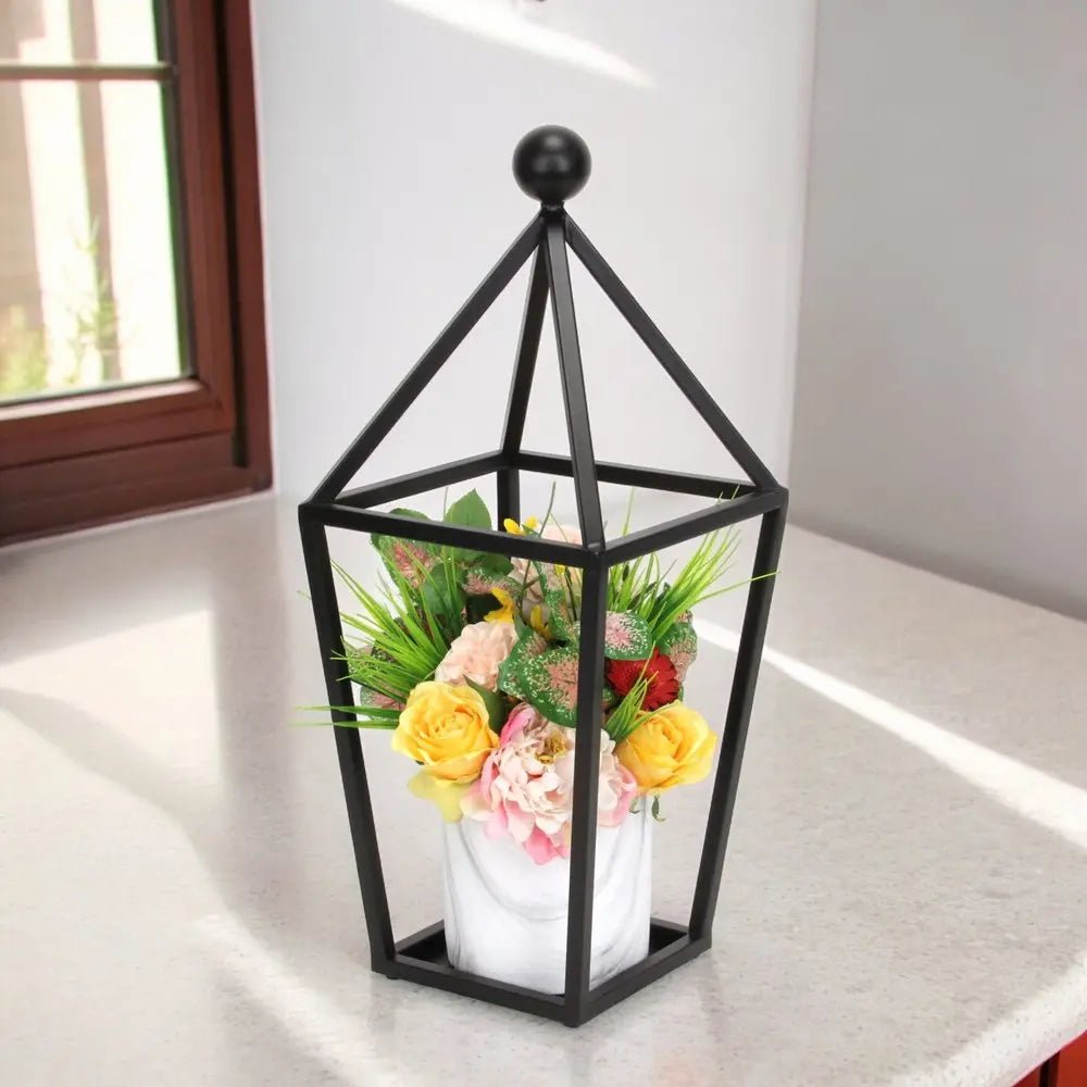 24" Black Geometric Metal Tabletop Lantern Candle Holder HomeRoots