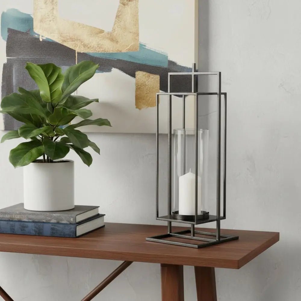 24" Black Geometric Metal Tabletop Lantern Candle Holder HomeRoots
