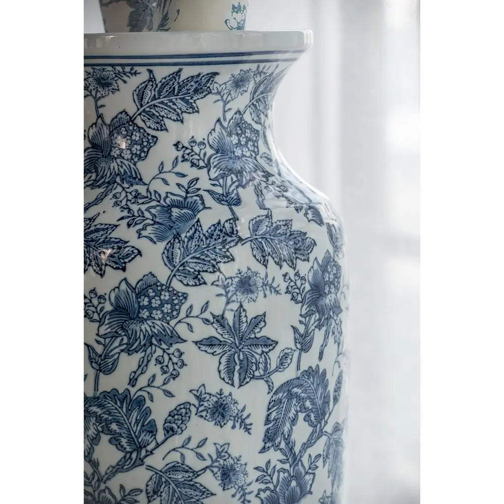 24" Blue And White Chinoiserie Porcelain Urn Table Vase - NOBLE HOME INTERIORS