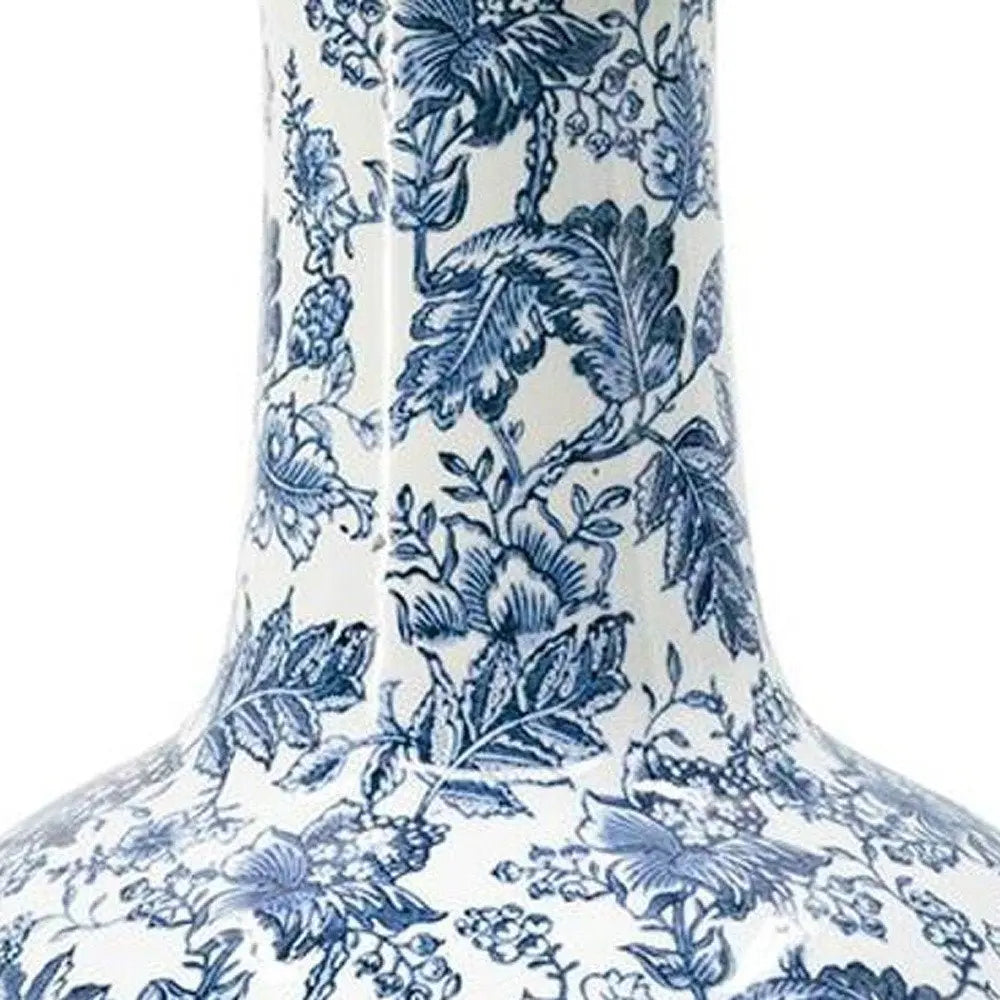 24" Blue And White Floral Curved Porcelain Table Vase - NOBLE HOME INTERIORS