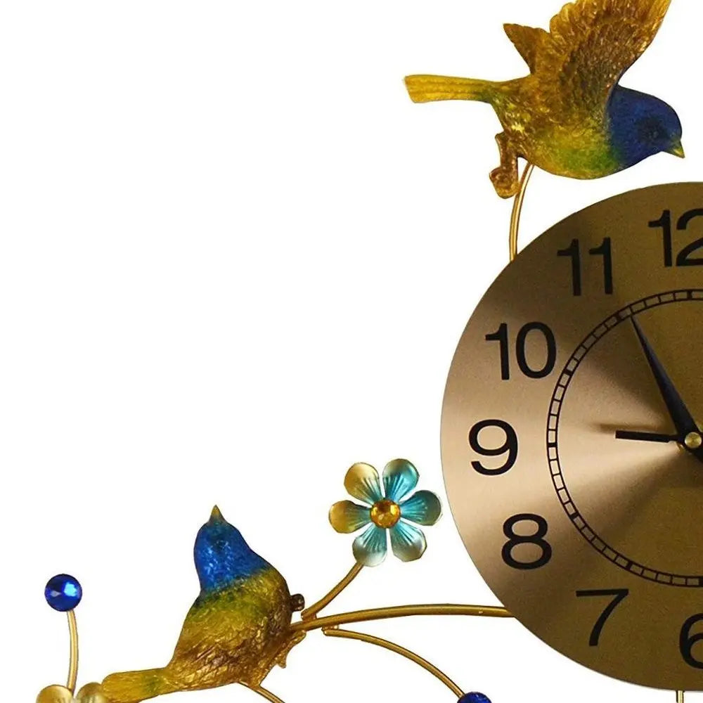 24" Blue Green And Gold Metal Silent Pendulum Floral Wall Clock - NOBLE HOME INTERIORS