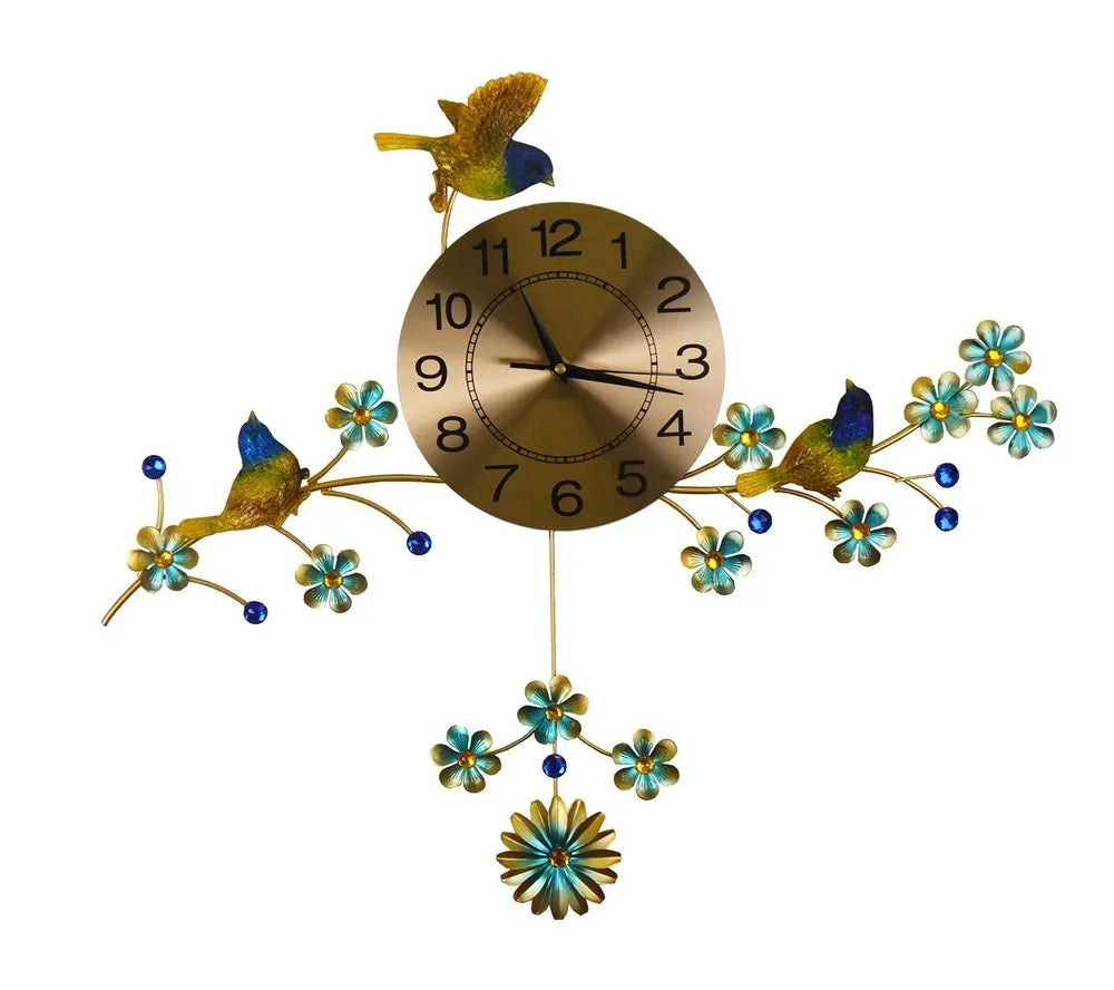 24" Blue Green And Gold Metal Silent Pendulum Floral Wall Clock - NOBLE HOME INTERIORS