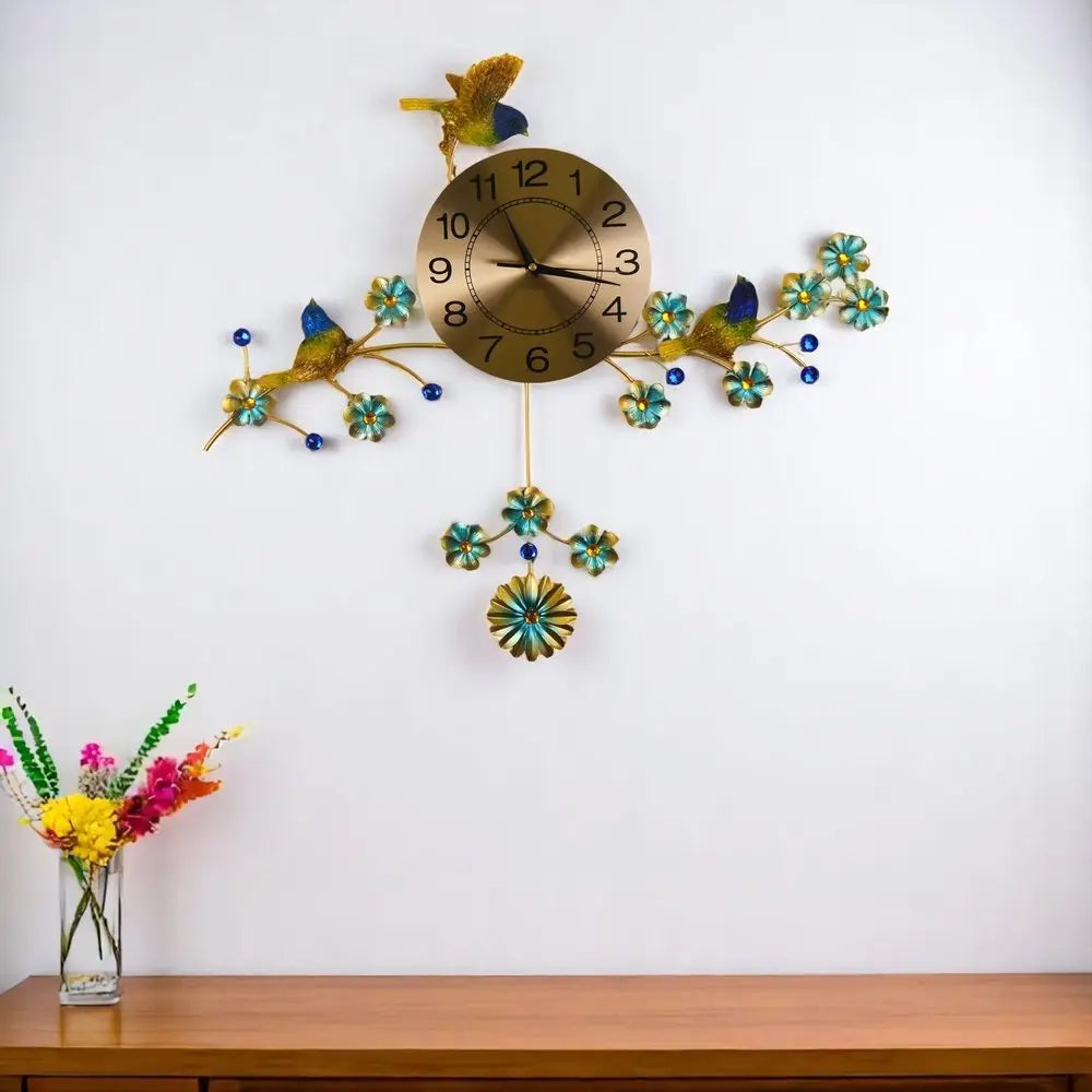24" Blue Green And Gold Metal Silent Pendulum Floral Wall Clock - NOBLE HOME INTERIORS