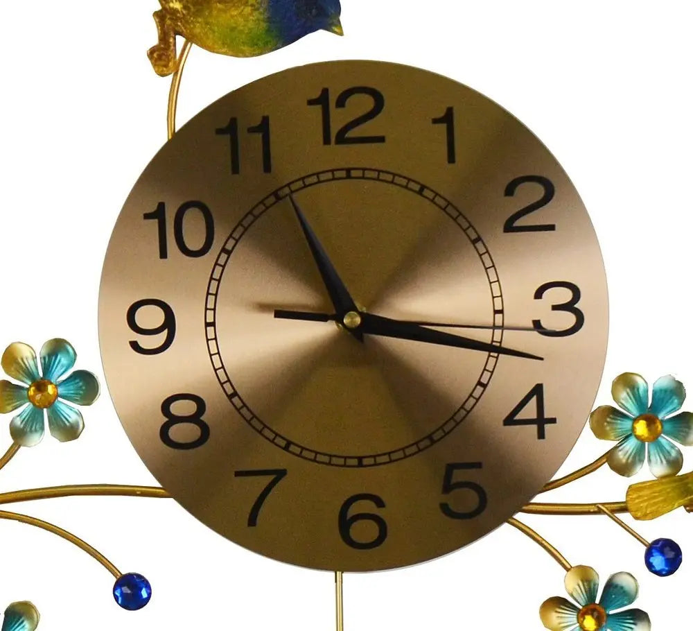 24" Blue Green And Gold Metal Silent Pendulum Floral Wall Clock - NOBLE HOME INTERIORS