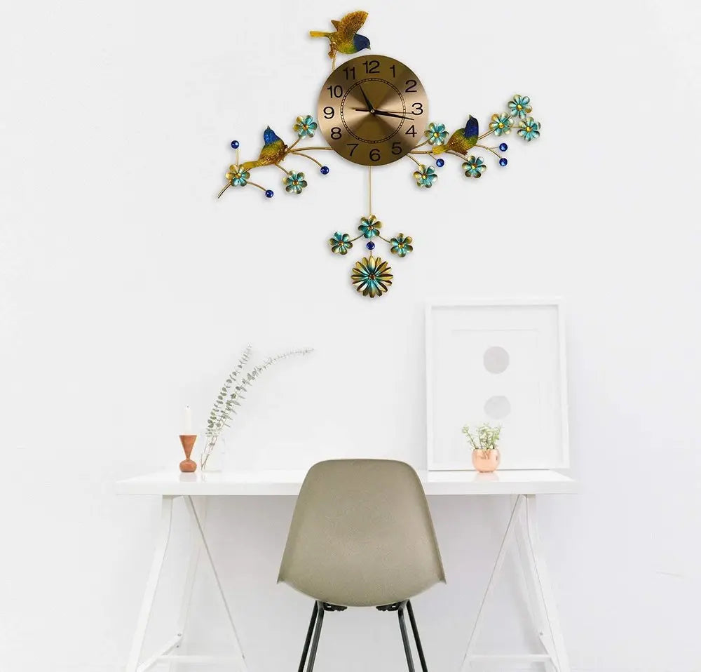 24" Blue Green And Gold Metal Silent Pendulum Floral Wall Clock - NOBLE HOME INTERIORS