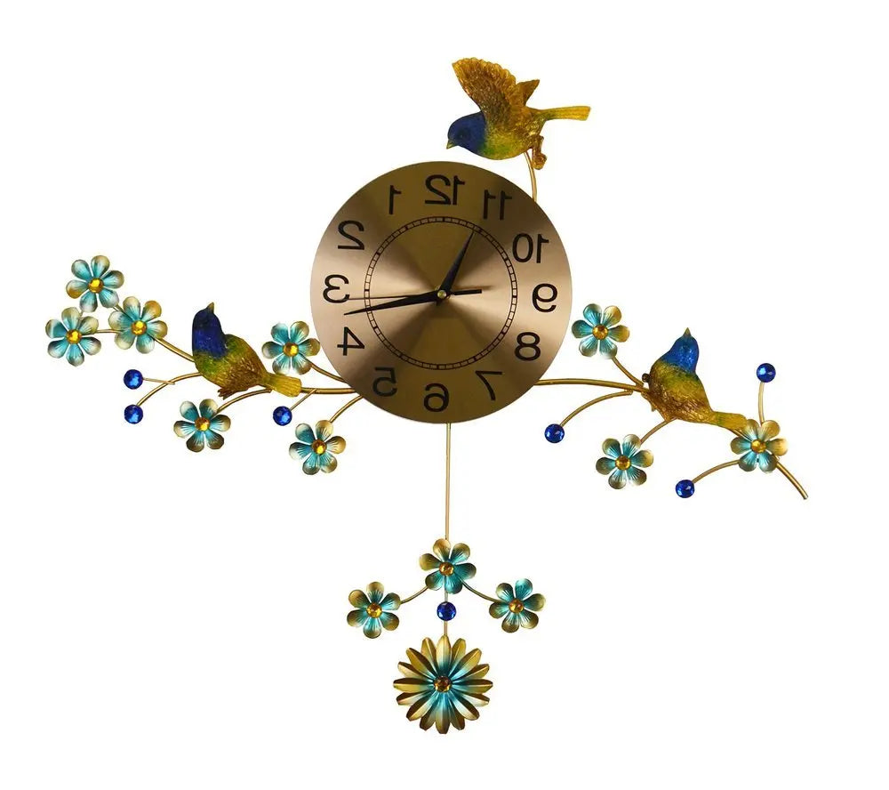 24" Blue Green And Gold Metal Silent Pendulum Floral Wall Clock - NOBLE HOME INTERIORS