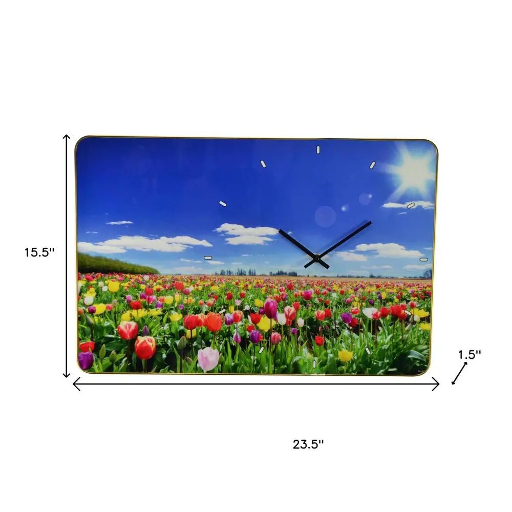 24" Blue Red And Gold Solid Wood and Acrylic Silent Tulips Floral Wall Clock HomeRoots