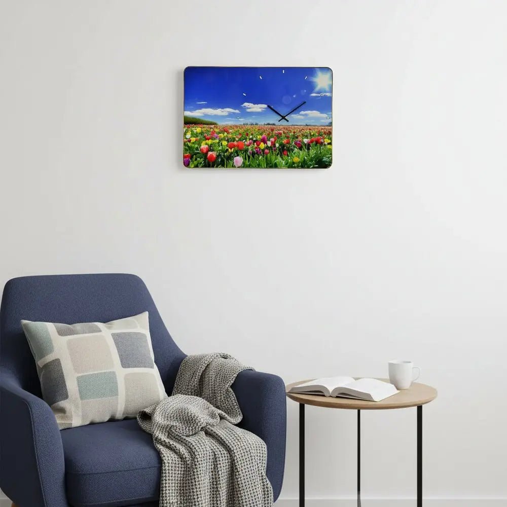 24" Blue Red And Gold Solid Wood and Acrylic Silent Tulips Floral Wall Clock HomeRoots