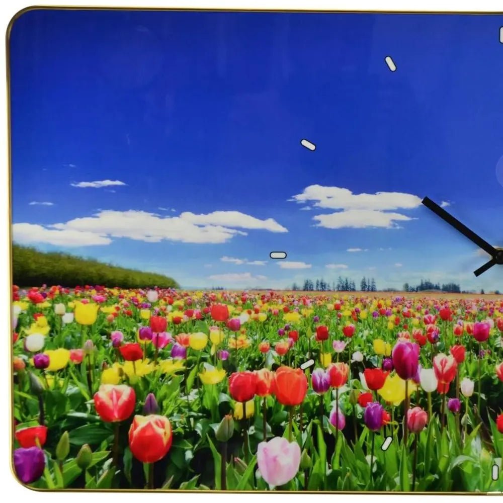 24" Blue Red And Gold Solid Wood and Acrylic Silent Tulips Floral Wall Clock HomeRoots