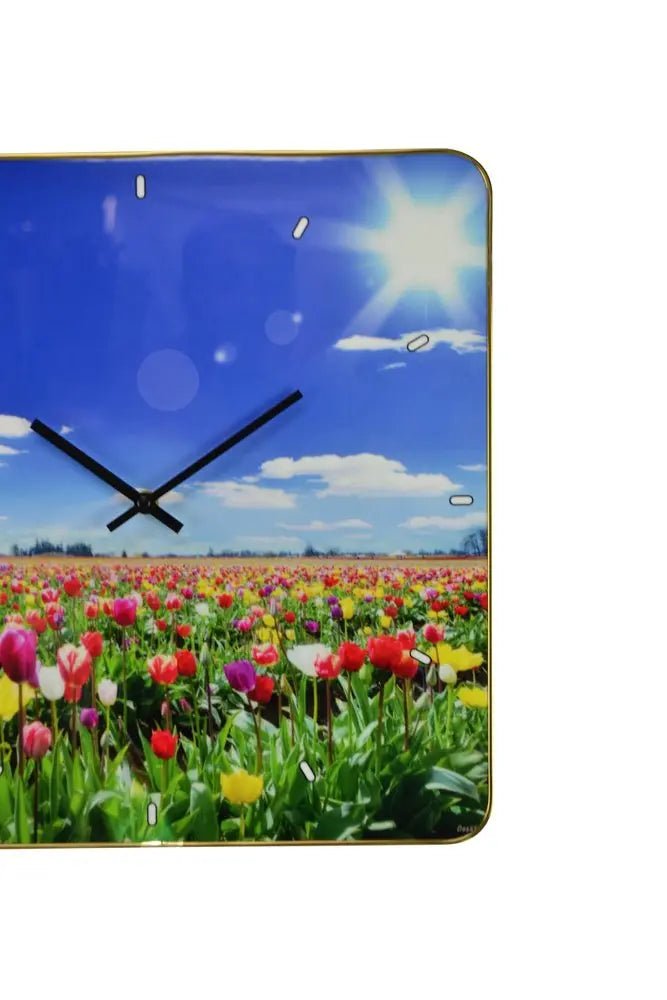 24" Blue Red And Gold Solid Wood and Acrylic Silent Tulips Floral Wall Clock HomeRoots