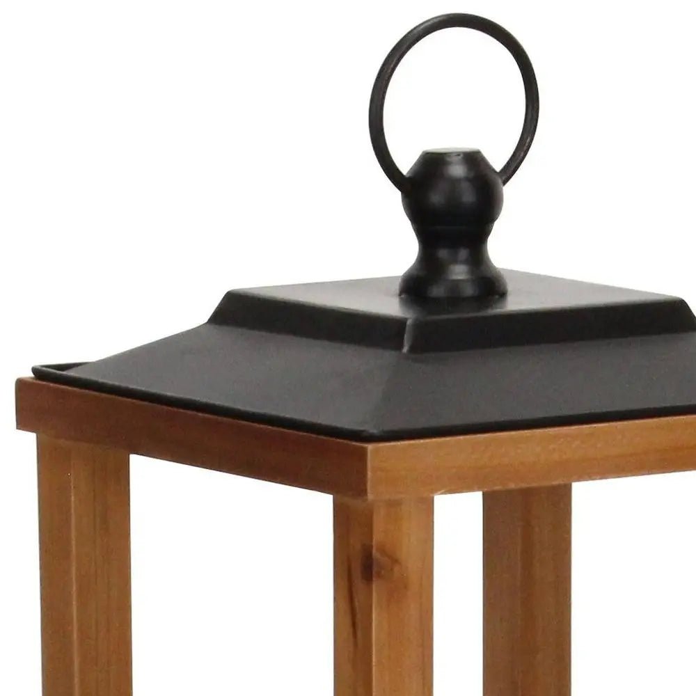 24" Brown And Black Geometric Metal And Solid Wood Floor Lantern Candle Holder HomeRoots