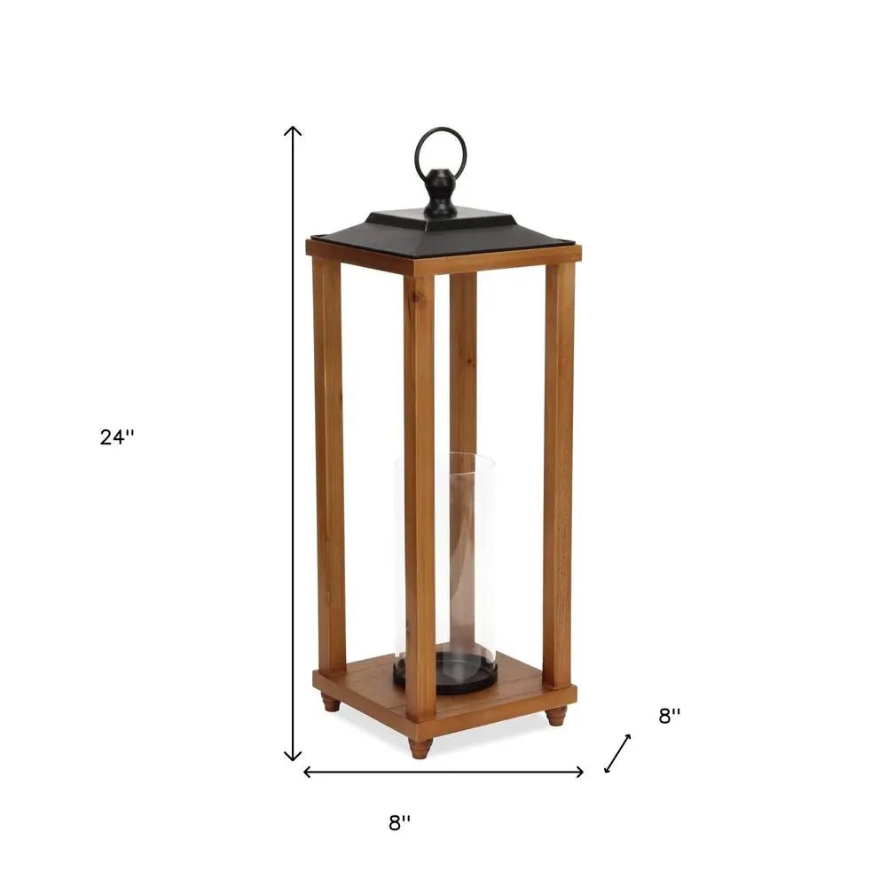 24" Brown And Black Geometric Metal And Solid Wood Floor Lantern Candle Holder HomeRoots