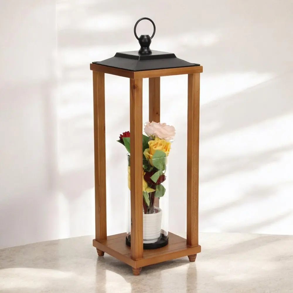 24" Brown And Black Geometric Metal And Solid Wood Floor Lantern Candle Holder HomeRoots