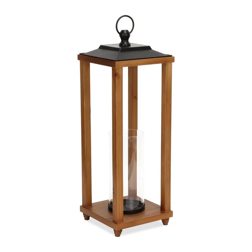 24" Brown And Black Geometric Metal And Solid Wood Floor Lantern Candle Holder HomeRoots