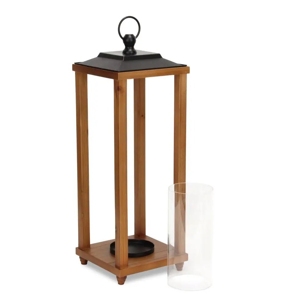 24" Brown And Black Geometric Metal And Solid Wood Floor Lantern Candle Holder HomeRoots