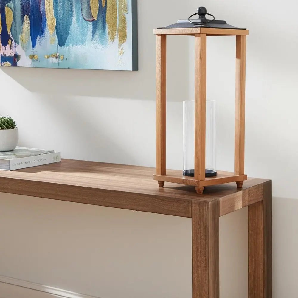 24" Brown And Black Geometric Metal And Solid Wood Floor Lantern Candle Holder HomeRoots