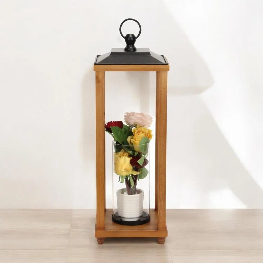 24" Brown And Black Geometric Metal And Solid Wood Floor Lantern Candle Holder HomeRoots