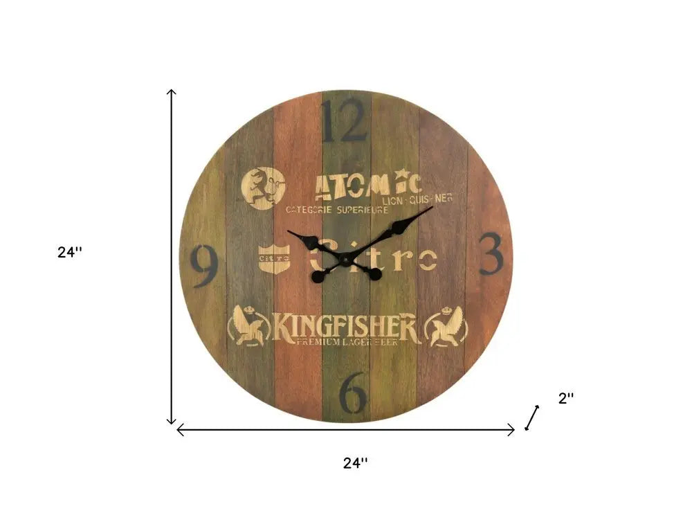 24" Brown Solid Wood Silent Analog Round Wall Clock - NOBLE HOME INTERIORS
