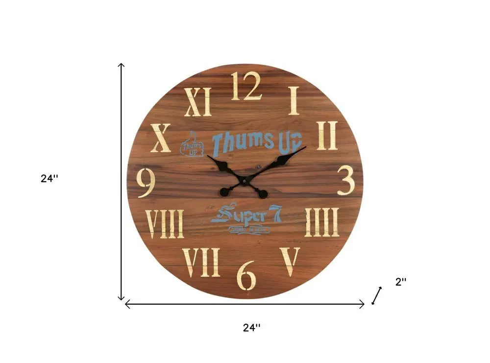 24" Brown Solid Wood Silent Analog Round Wall Clock - NOBLE HOME INTERIORS