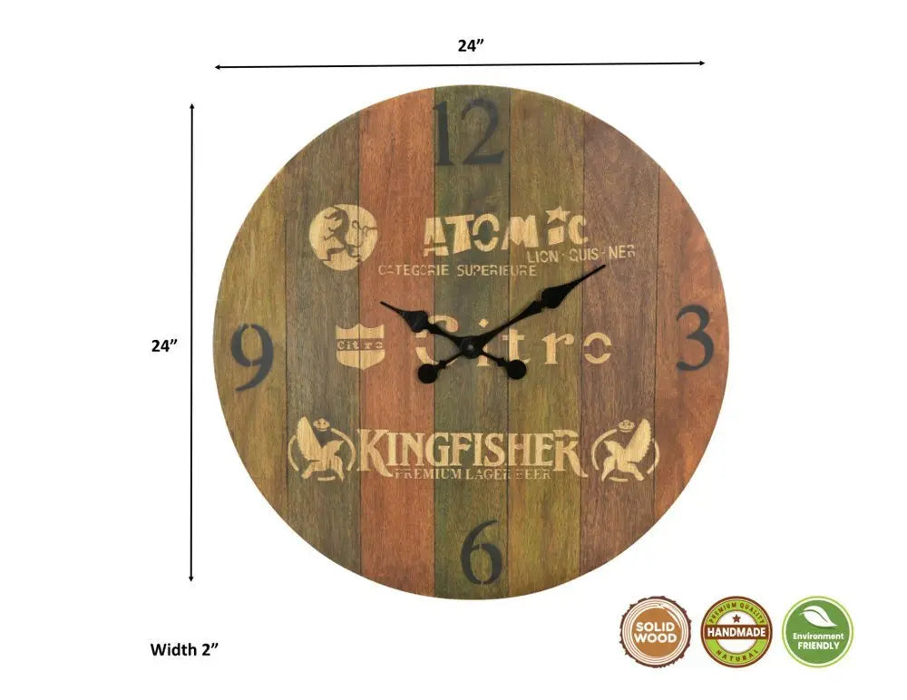 24" Brown Solid Wood Silent Analog Round Wall Clock - NOBLE HOME INTERIORS
