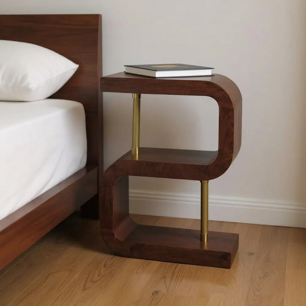 24" Chestnut And Gold Solid Wood Curved Nightstand - NOBLE HOME INTERIORS