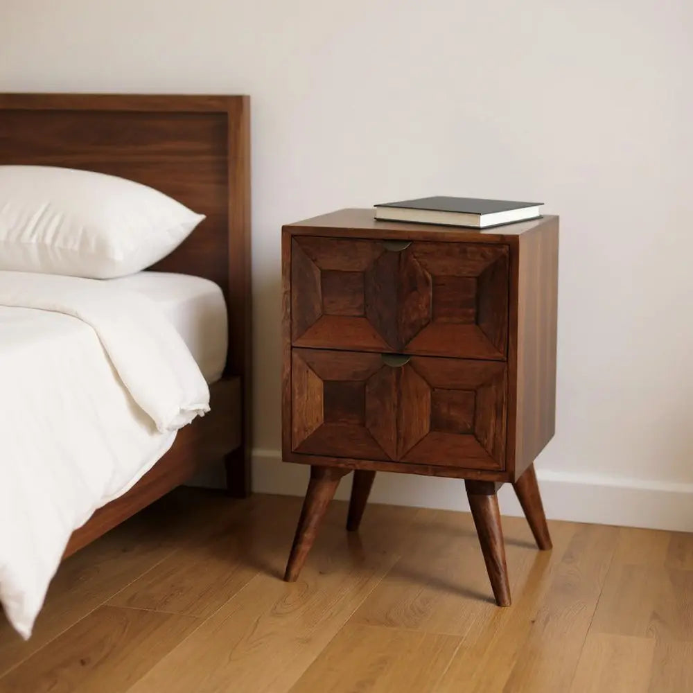 24" Chestnut Solid Wood Square Carved Geometric Two Drawer Nightstand - NOBLE HOME INTERIORS