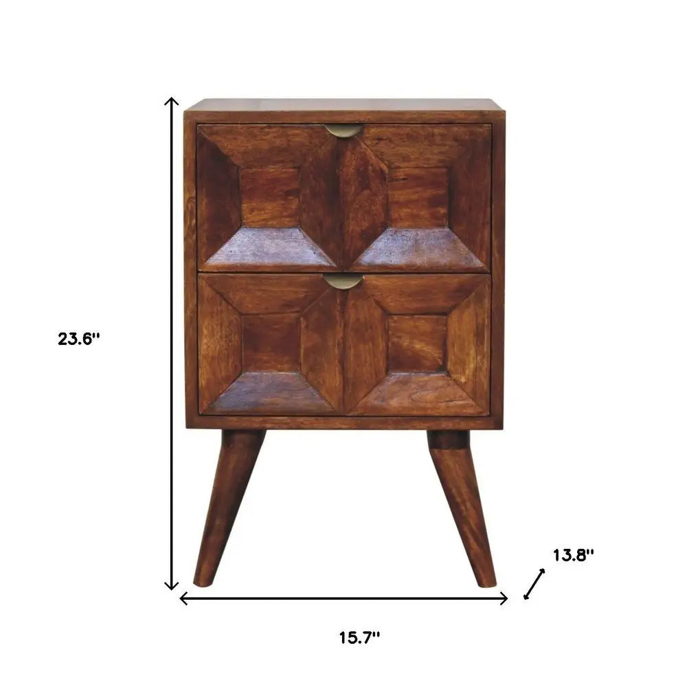 24" Chestnut Solid Wood Square Carved Geometric Two Drawer Nightstand - NOBLE HOME INTERIORS