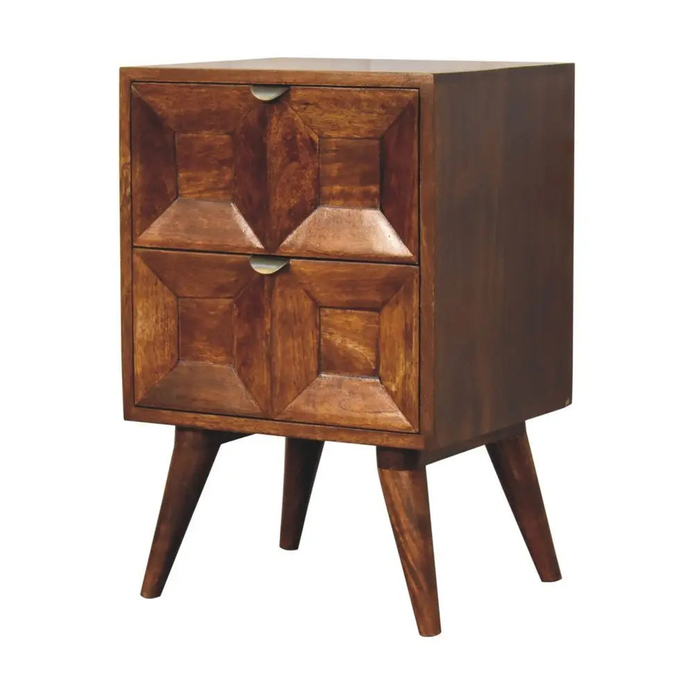 24" Chestnut Solid Wood Square Carved Geometric Two Drawer Nightstand - NOBLE HOME INTERIORS