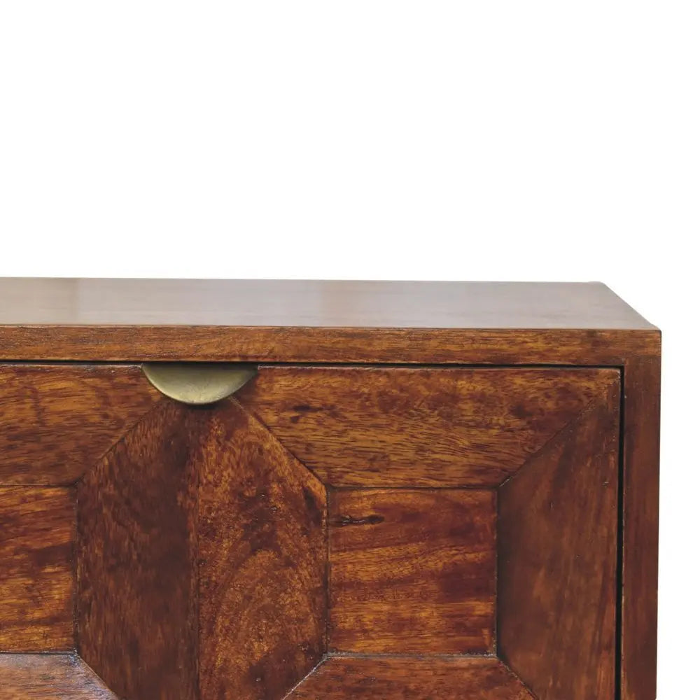 24" Chestnut Solid Wood Square Carved Geometric Two Drawer Nightstand - NOBLE HOME INTERIORS