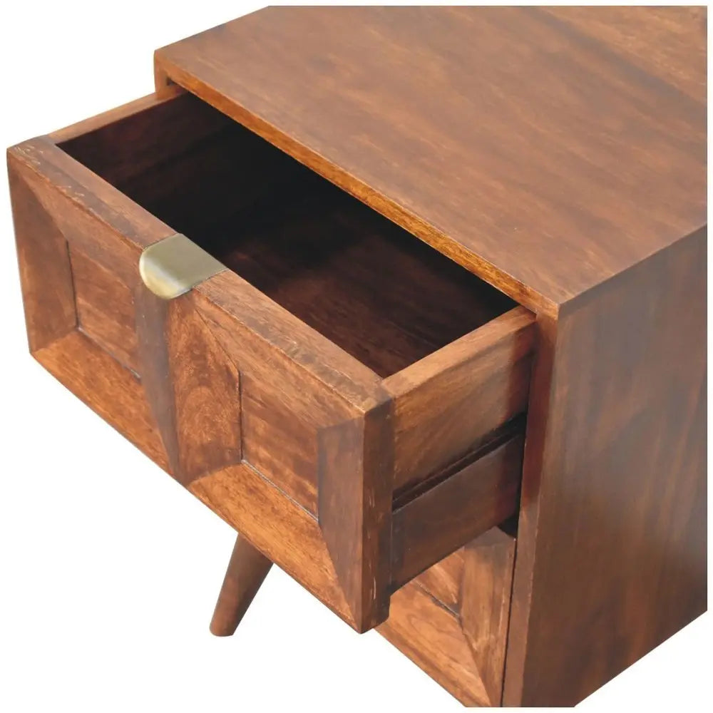 24" Chestnut Solid Wood Square Carved Geometric Two Drawer Nightstand - NOBLE HOME INTERIORS