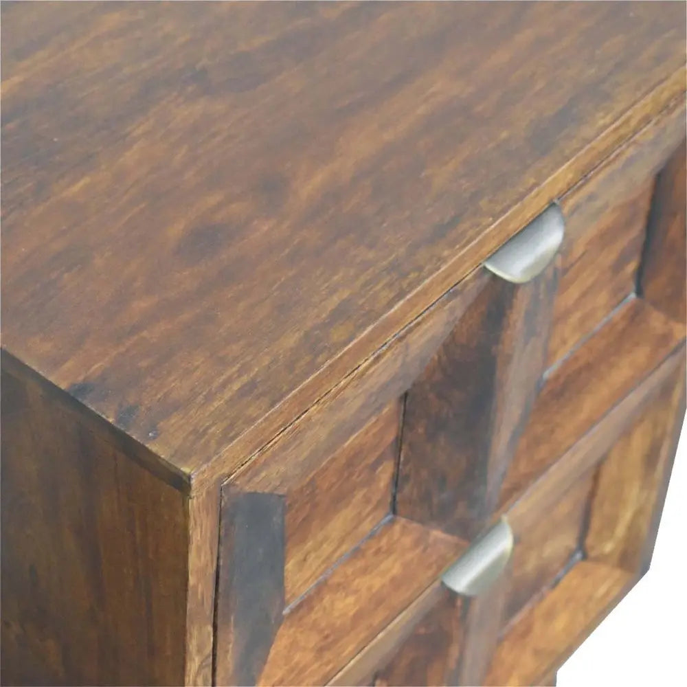 24" Chestnut Solid Wood Square Carved Geometric Two Drawer Nightstand - NOBLE HOME INTERIORS