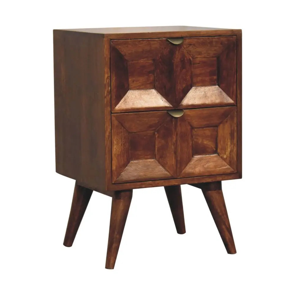 24" Chestnut Solid Wood Square Carved Geometric Two Drawer Nightstand - NOBLE HOME INTERIORS