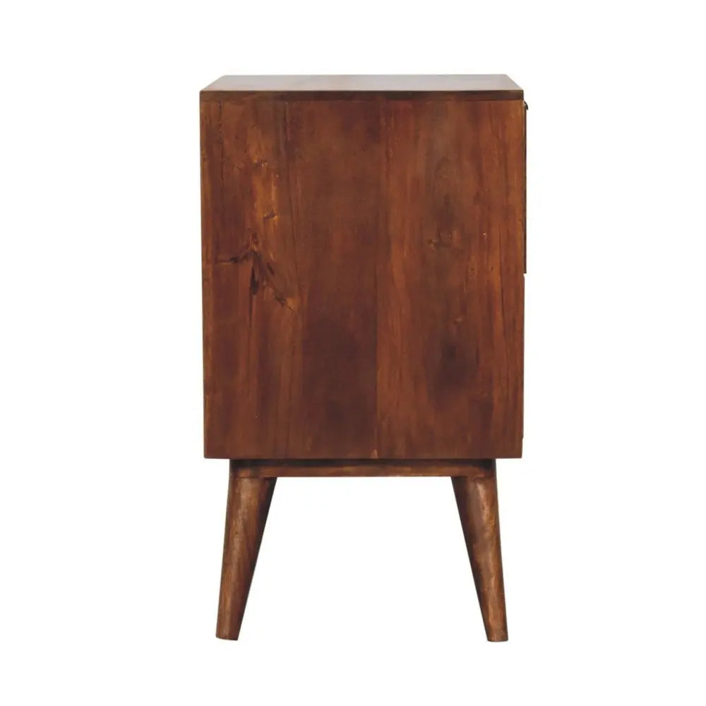 24" Chestnut Solid Wood Square Carved Geometric Two Drawer Nightstand - NOBLE HOME INTERIORS